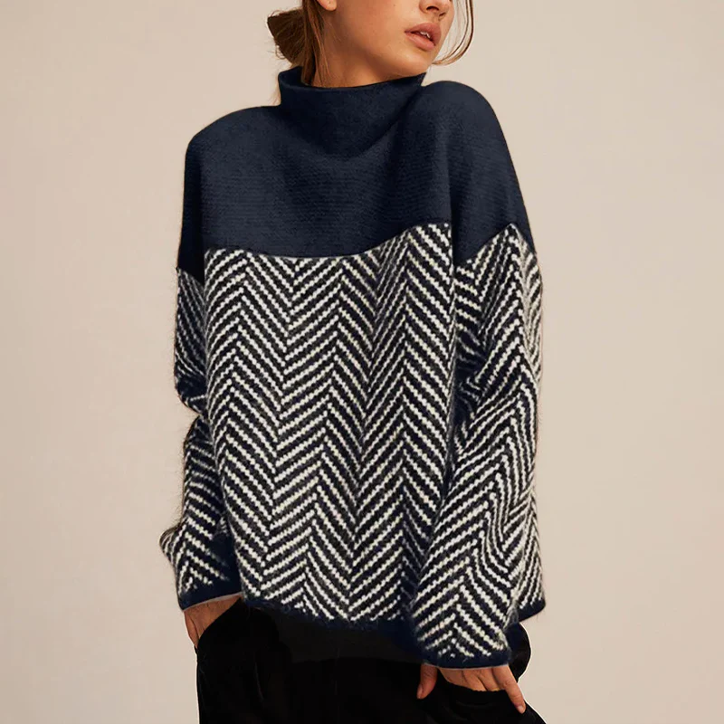 Damaris Herringbone Colour Block Roll Neck Knit Jumper