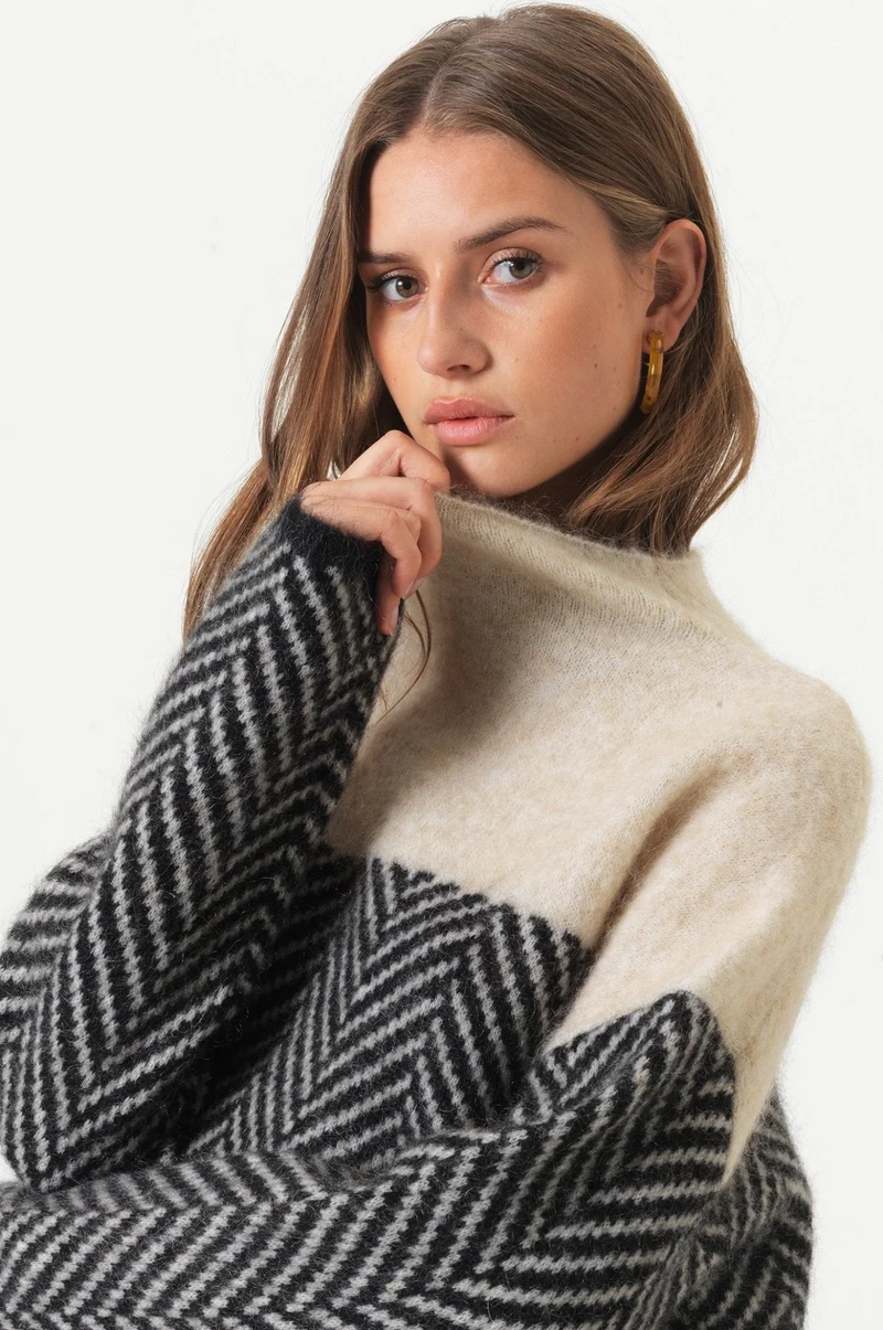 Damaris Herringbone Colour Block Roll Neck Knit Jumper
