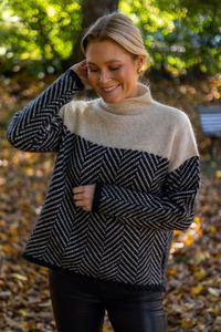 Damaris Herringbone Colour Block Roll Neck Knit Jumper
