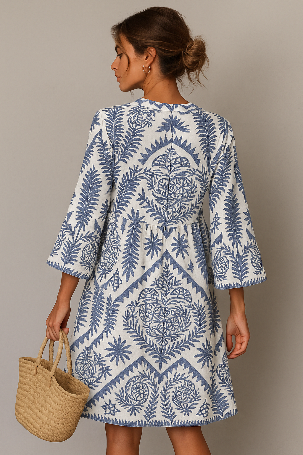 Corinne Two Tone Print Blouson Sleeve Tiered Hem Mini Dress