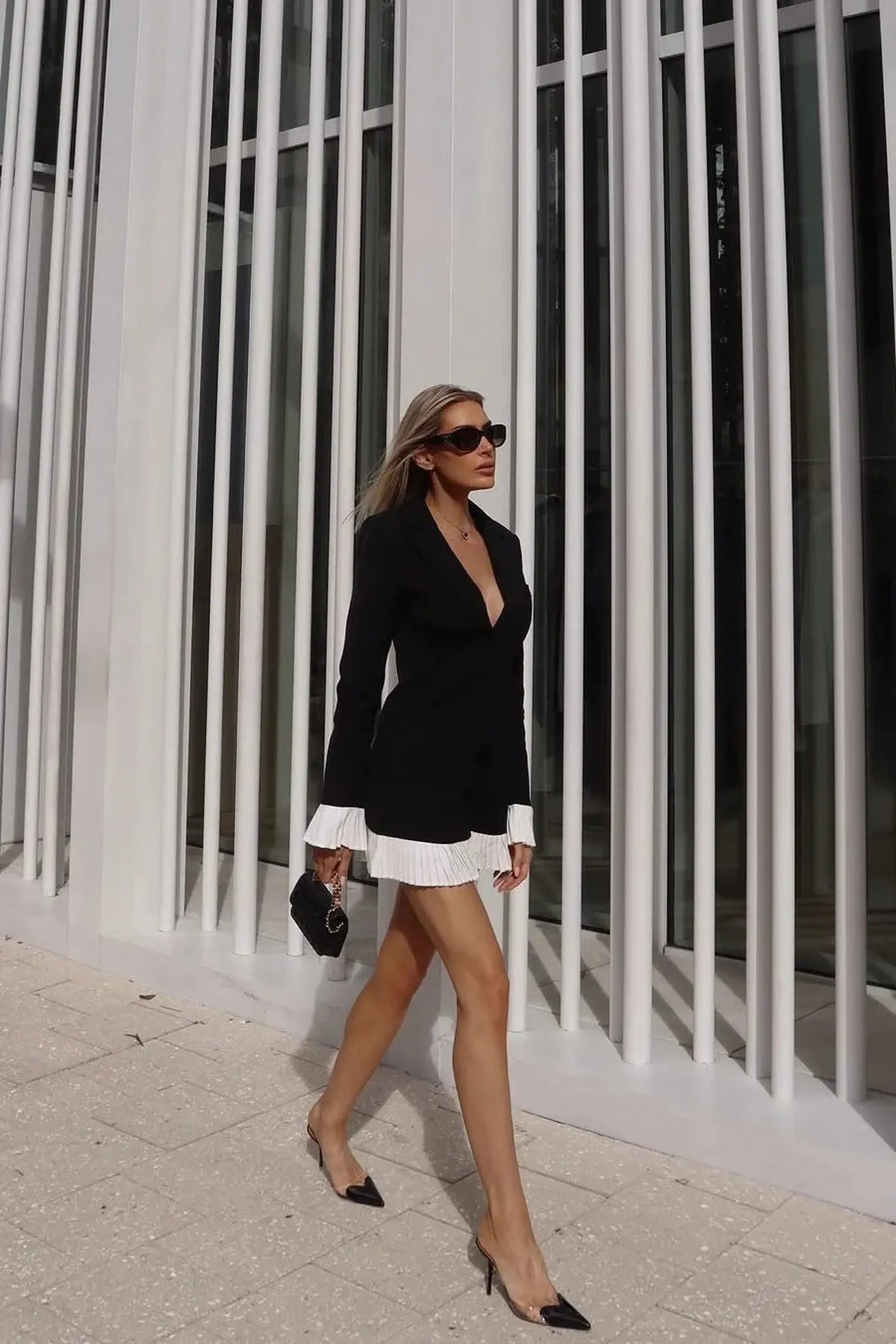 Leontine Contrast Pleat Cuff Deep V Long Sleeve Blazer Mini Dress