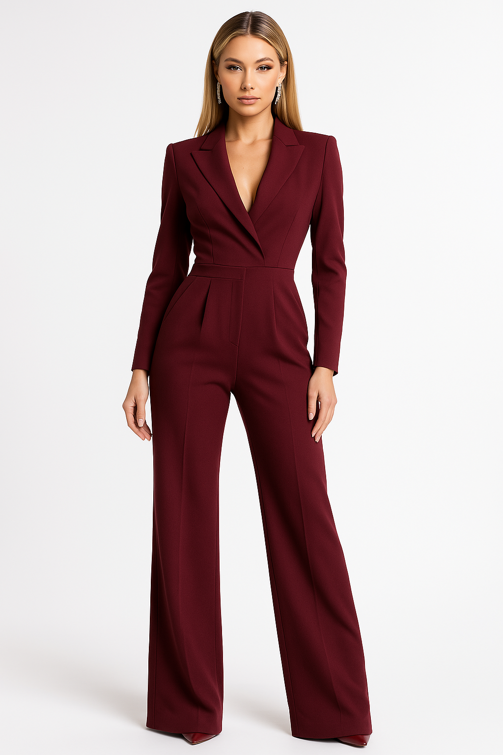 Katya Tailored Wrap Front Long Sleeve Wide Leg Jumpsuit - Red