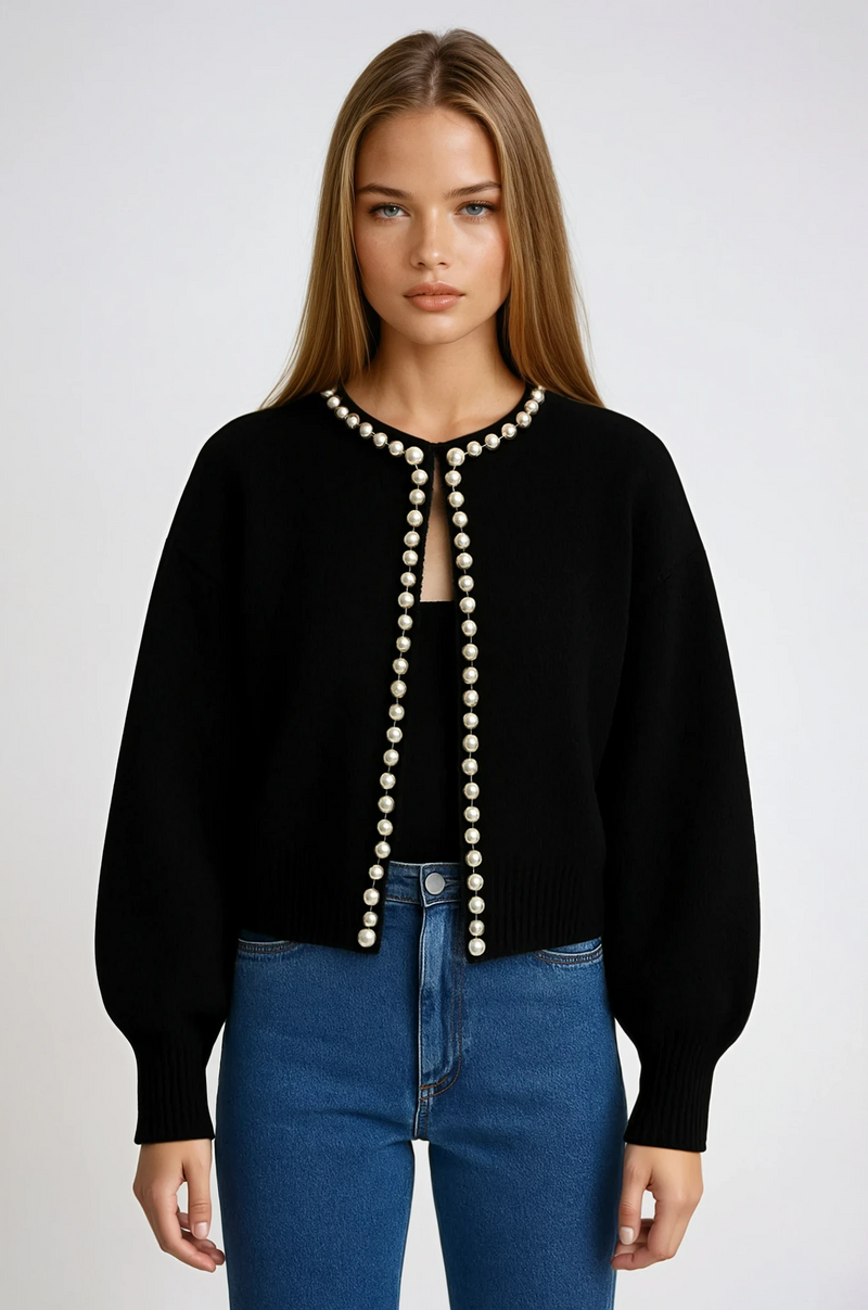 Genevieve Pearl Bead Trim Balloon Sleeve Open Knit Cardigan