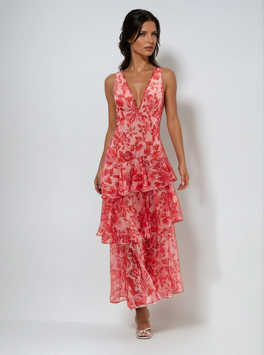 Estella Floral Print Tiered Ruffle Plunge Strappy Midi Dress - Floral