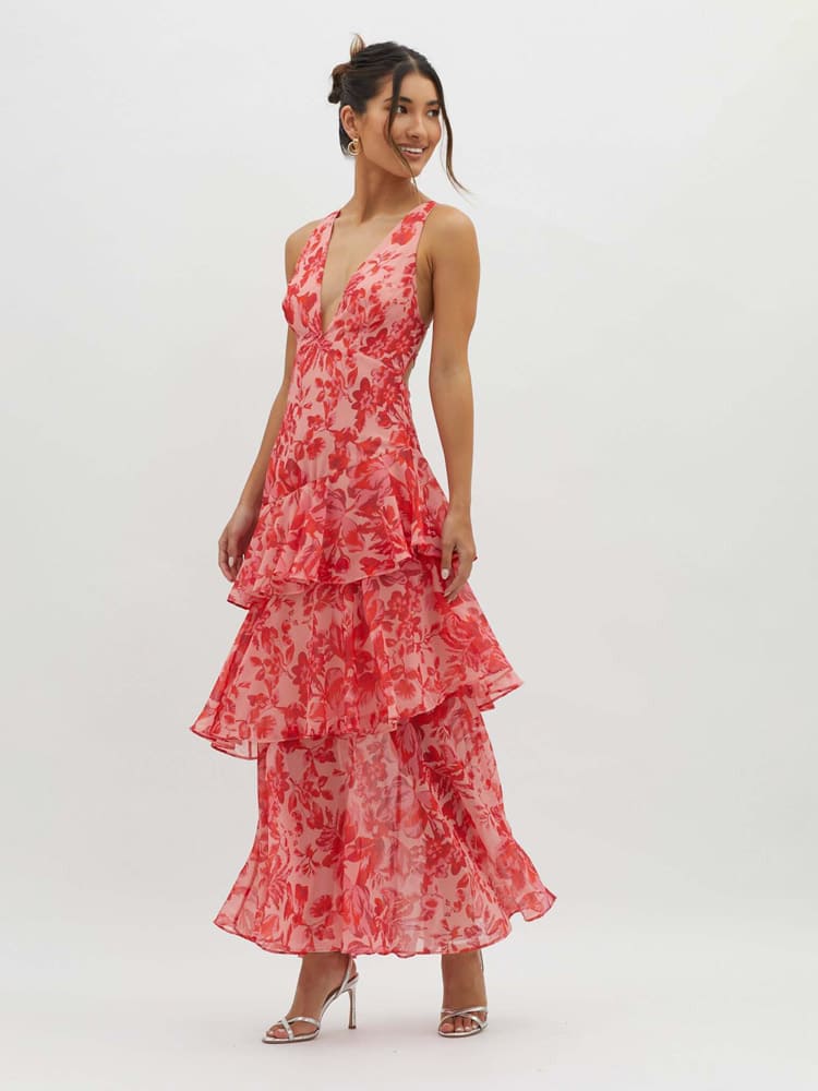 Estella Floral Print Tiered Ruffle Plunge Strappy Midi Dress