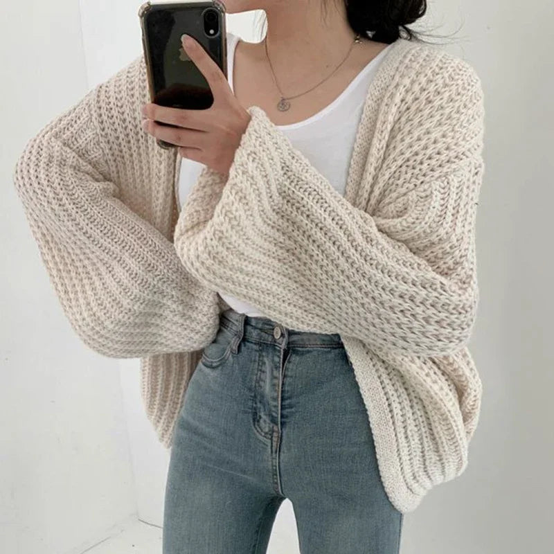 Georgiana Chunky Rib Balloon Sleeve Oversized Open Cardigan