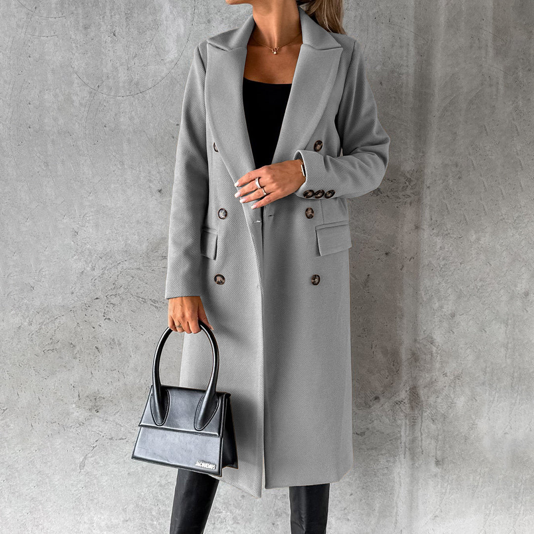 Sylvie Peak Lapel Fitted Double Breasted Longline Coat - Gray