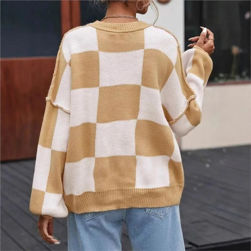 Honor Checkerboard Two Tone Oversized Drop Shoulder Jumper