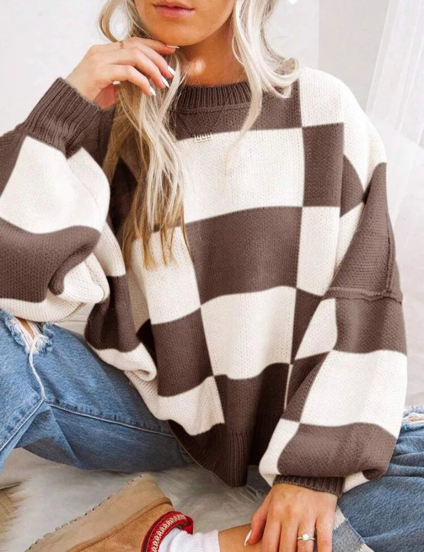 Honor Checkerboard Two Tone Oversized Drop Shoulder Jumper - Brown