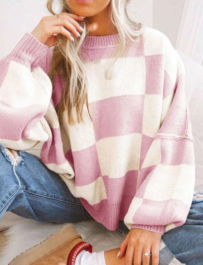 Honor Checkerboard Two Tone Oversized Drop Shoulder Jumper