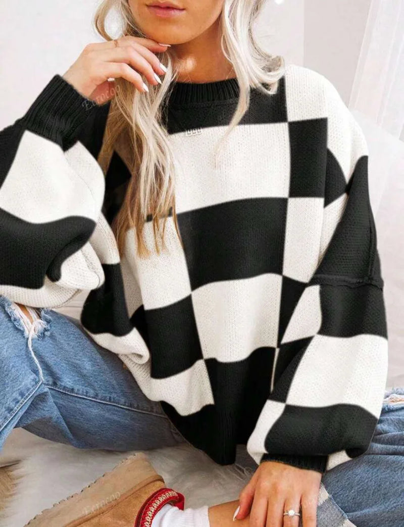 Honor Checkerboard Two Tone Oversized Drop Shoulder Jumper