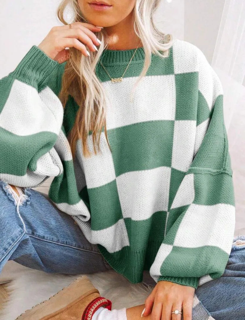 Honor Checkerboard Two Tone Oversized Drop Shoulder Jumper - Green