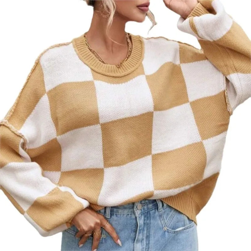 Honor Checkerboard Two Tone Oversized Drop Shoulder Jumper