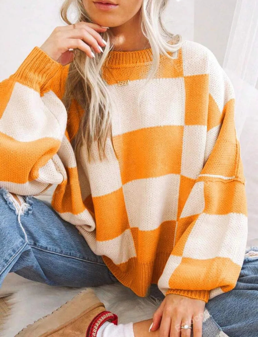 Honor Checkerboard Two Tone Oversized Drop Shoulder Jumper - Orange