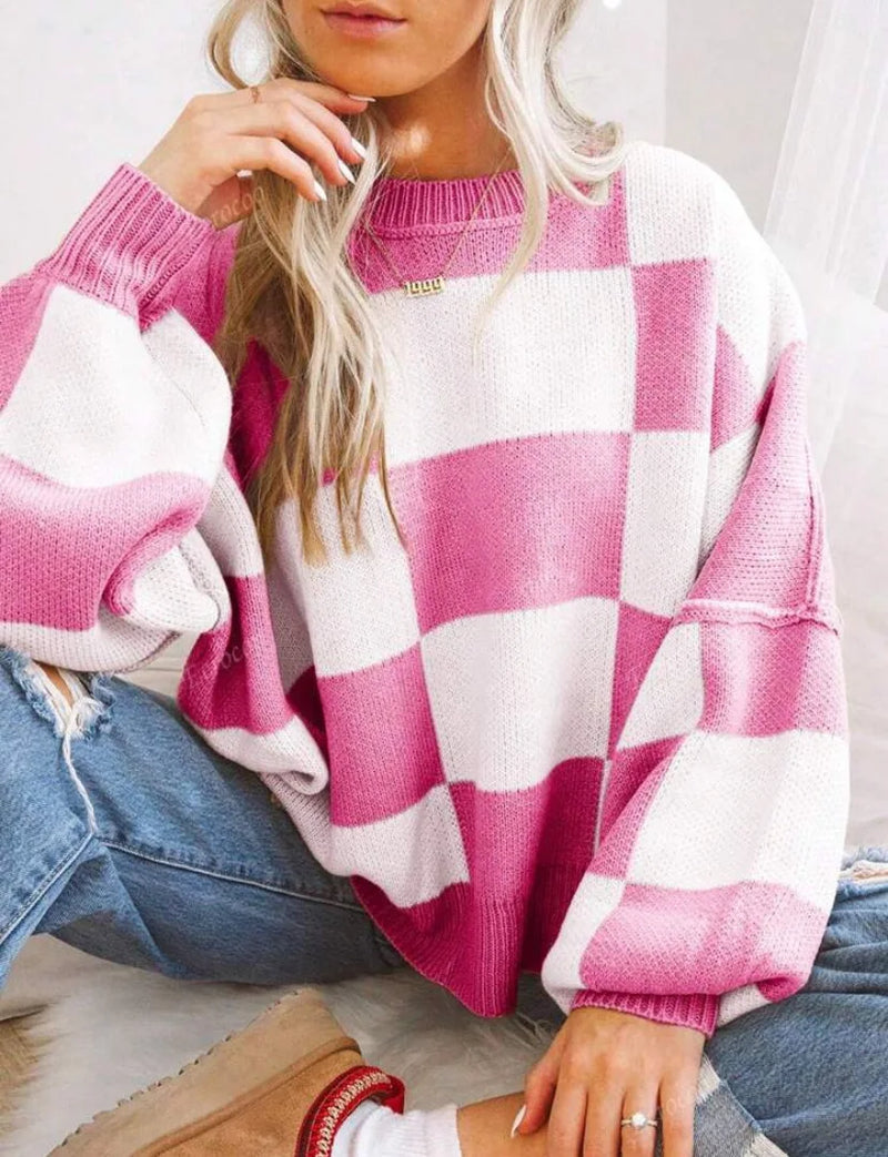Honor Checkerboard Two Tone Oversized Drop Shoulder Jumper