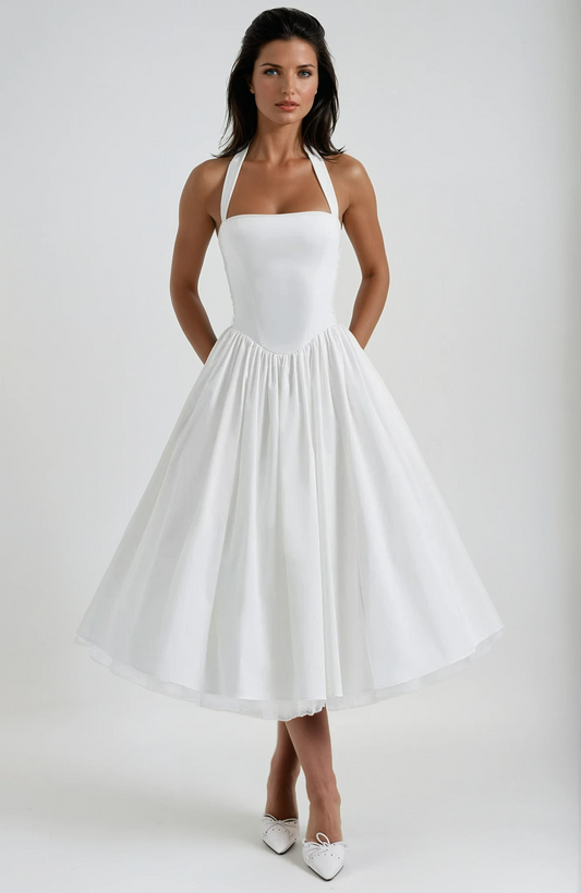 Josette Halter Neck Full Tulle Underskirt Tea Length Midi Dress - White