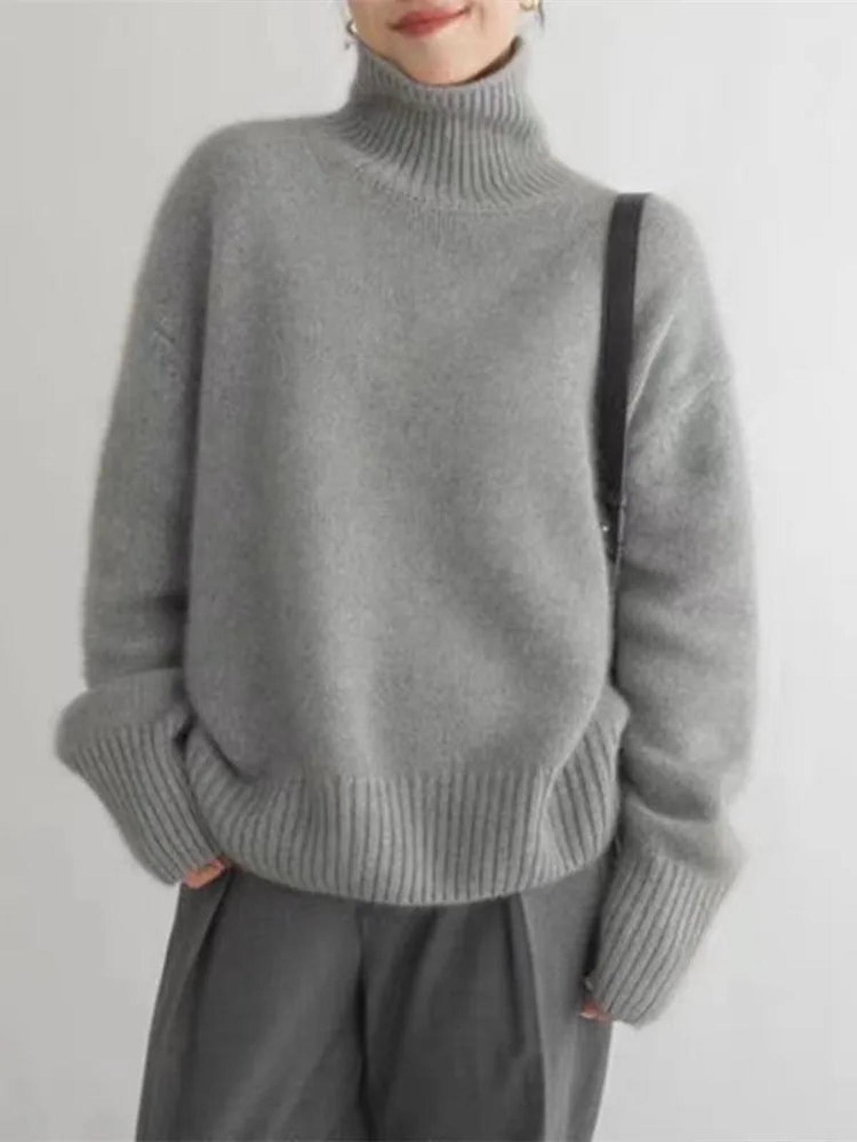 Livia Turn Back Cuff Oversized Roll Neck Smooth Knit Jumper - Gray