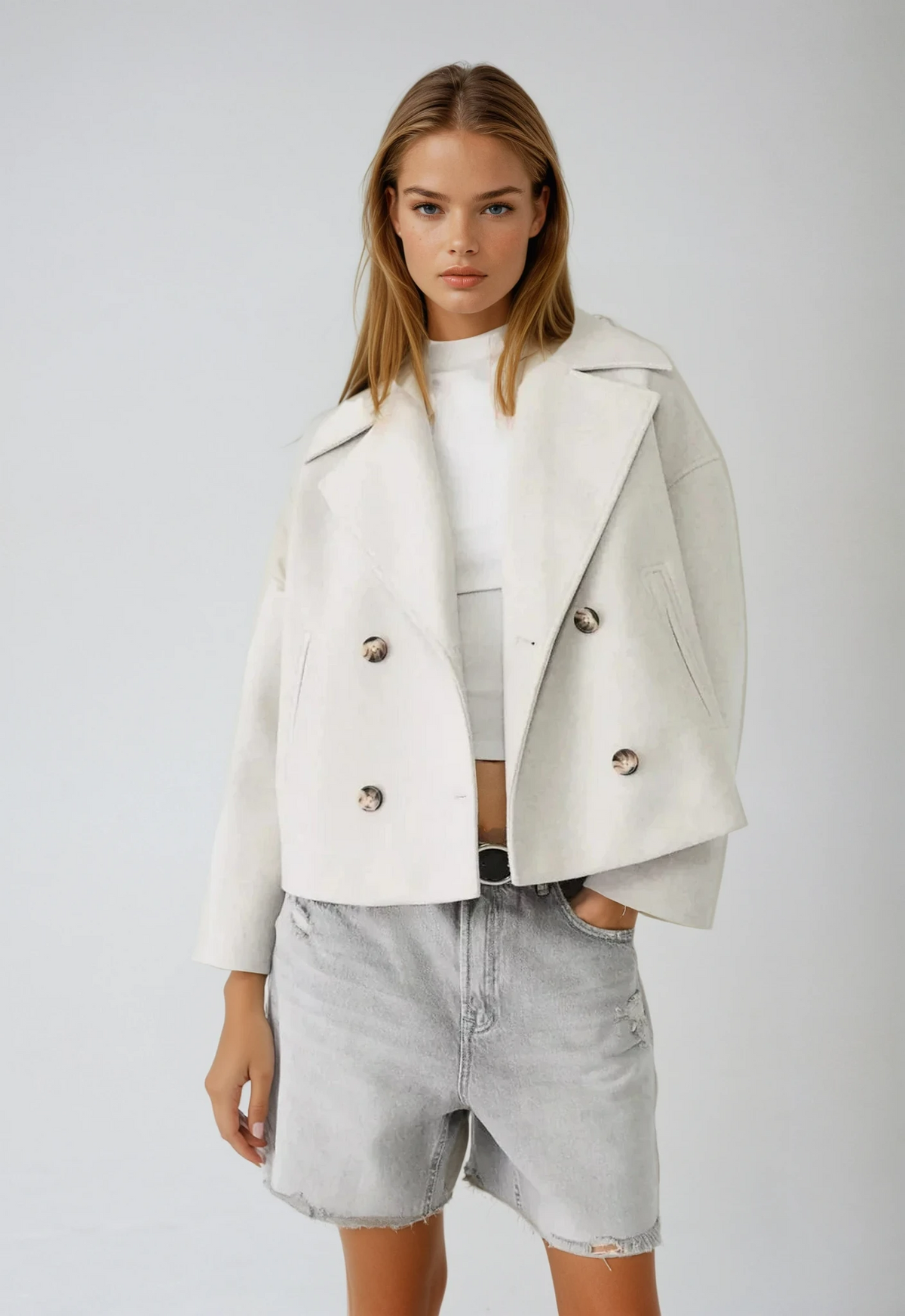 Cleo Wide Notch Lapel Cropped Double Breasted Pea Coat - White