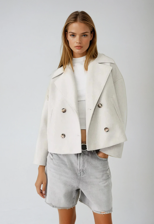 Cleo Wide Notch Lapel Cropped Double Breasted Pea Coat - White