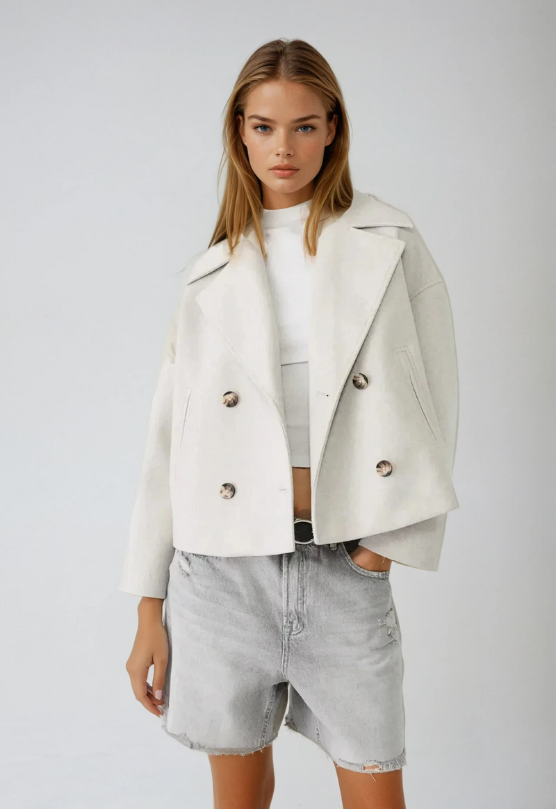 Cleo Wide Notch Lapel Cropped Double Breasted Pea Coat