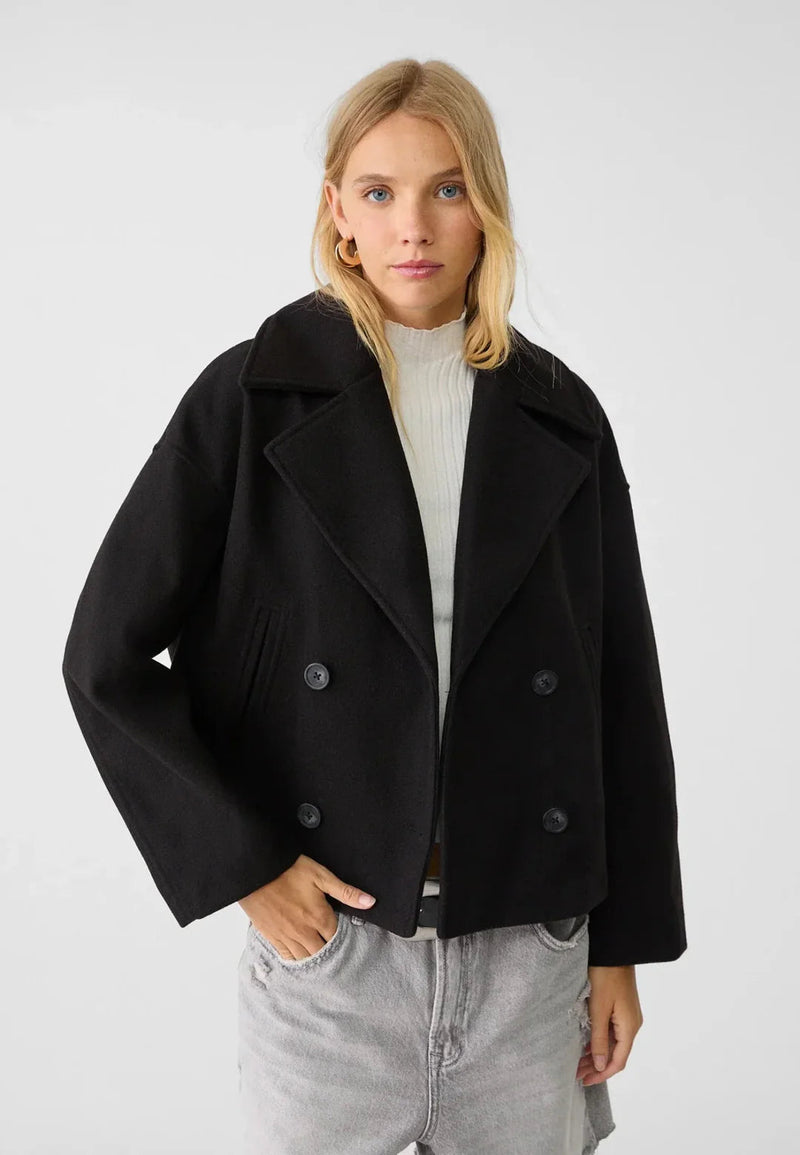 Cleo Wide Notch Lapel Cropped Double Breasted Pea Coat
