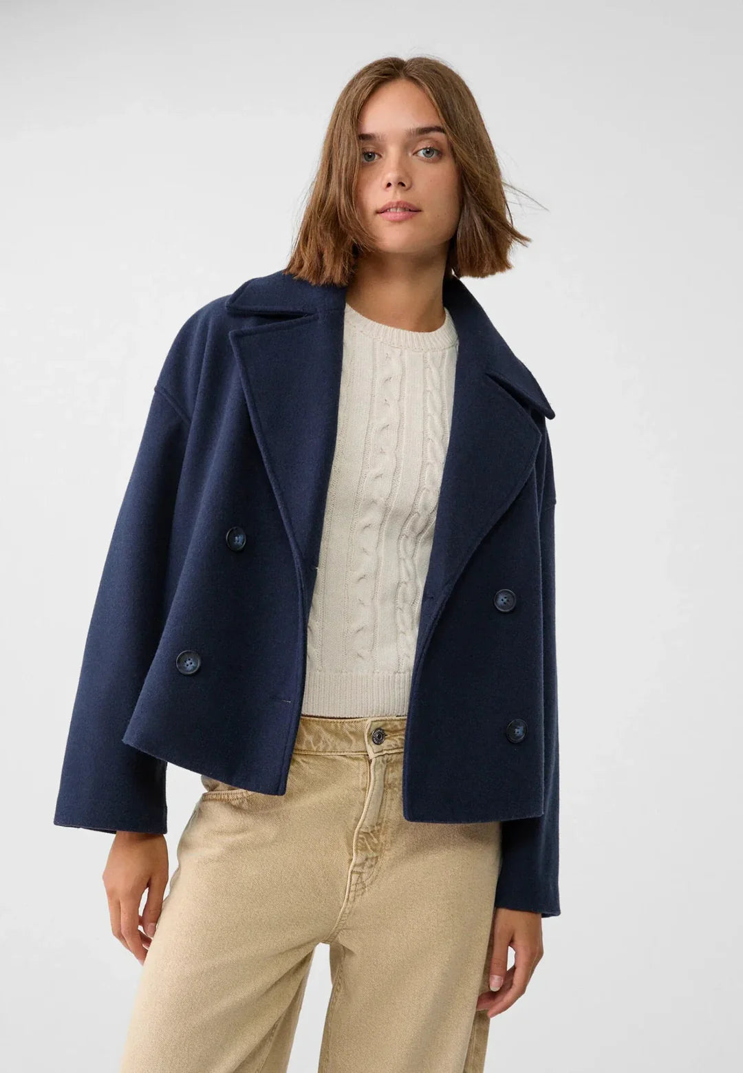 Cleo Wide Notch Lapel Cropped Double Breasted Pea Coat - Navy