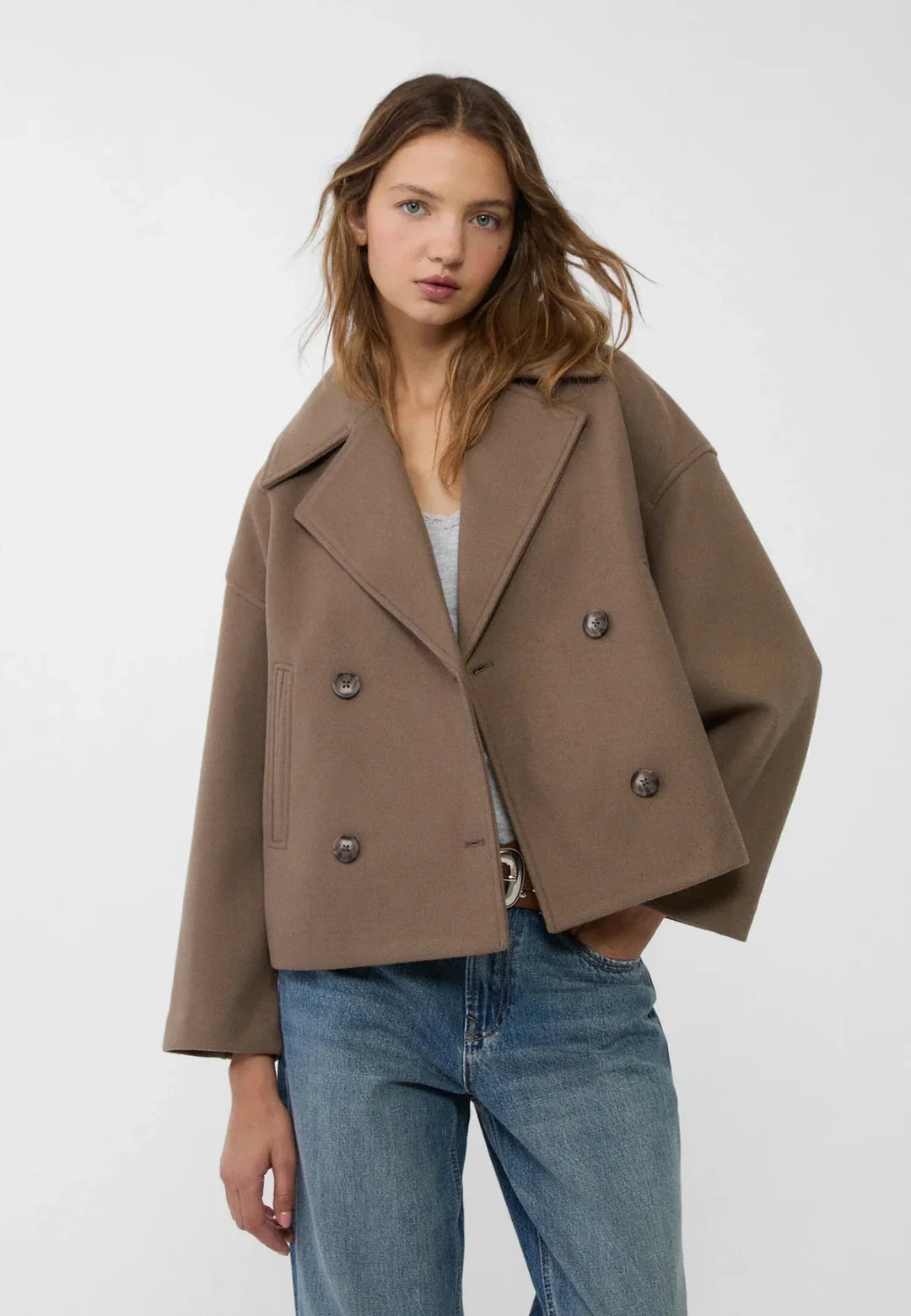 Cleo Wide Notch Lapel Cropped Double Breasted Pea Coat - Brown