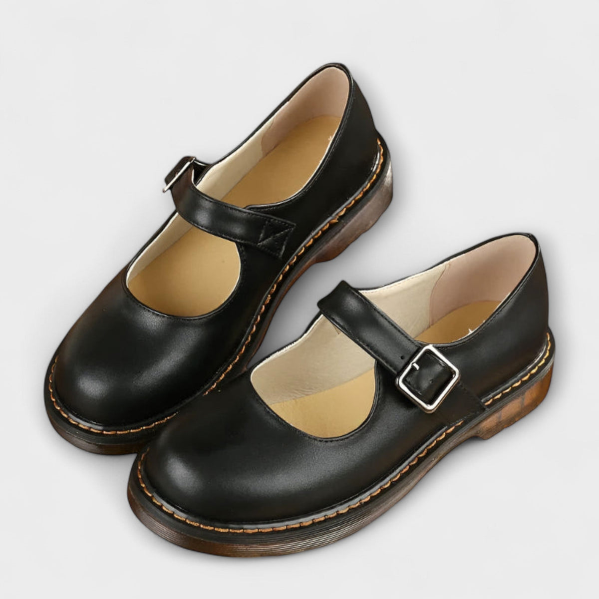 Carine Buckle Strap Welted Sole Chunky Mary Jane Flat Shoes