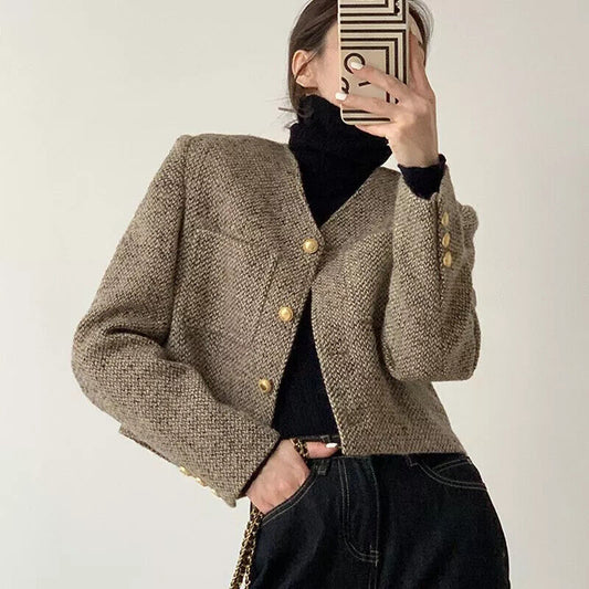 Talia Cropped Collarless Gold Button Tweed Jacket - Khaki