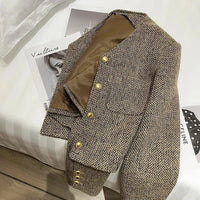 Talia Cropped Collarless Gold Button Tweed Jacket