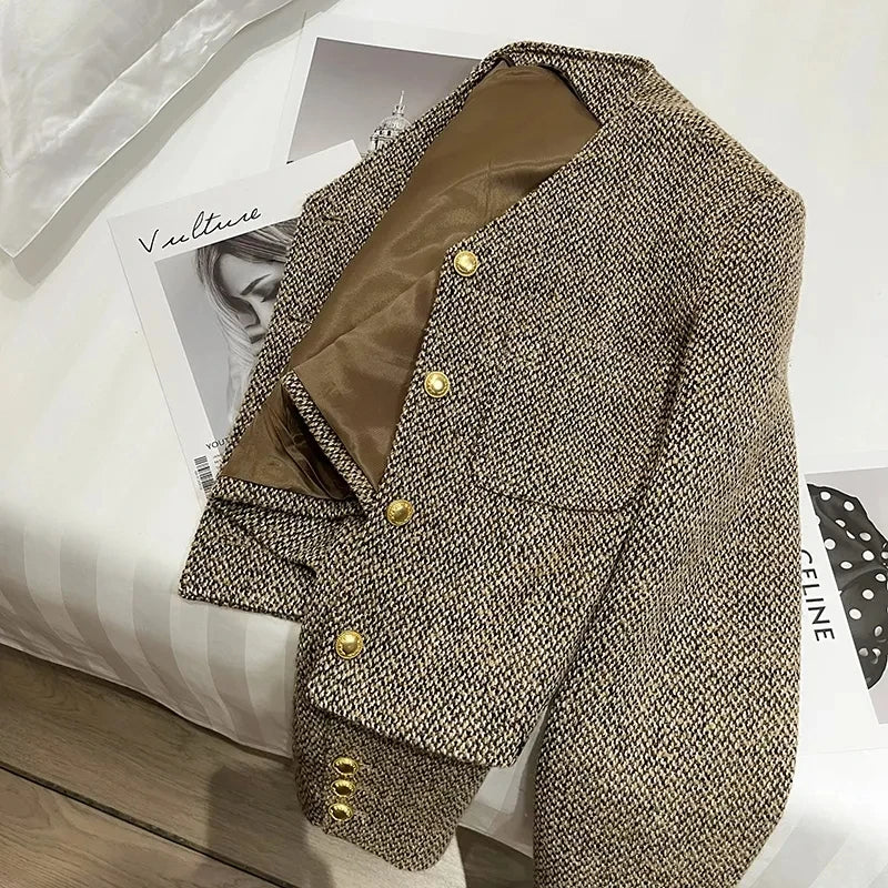 Talia Cropped Collarless Gold Button Tweed Jacket
