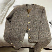 Talia Cropped Collarless Gold Button Tweed Jacket