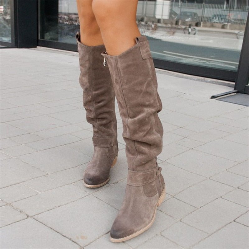 Celestia Soft Slouch Shaft Low Heel Pull On Knee High Boots - Grey