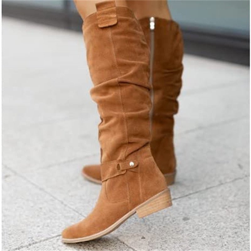 Celestia Soft Slouch Shaft Low Heel Pull On Knee High Boots - Khaki
