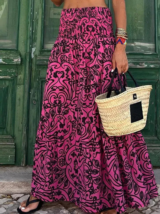 Sylviane Block Print Shirred Waist Full Tiered Maxi Skirt - Pink