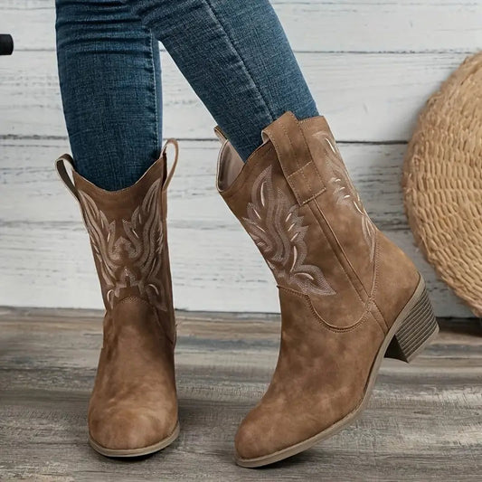 Axelle Tooled Stitch Western Block Heel Ankle Cowboy Boots - Camel