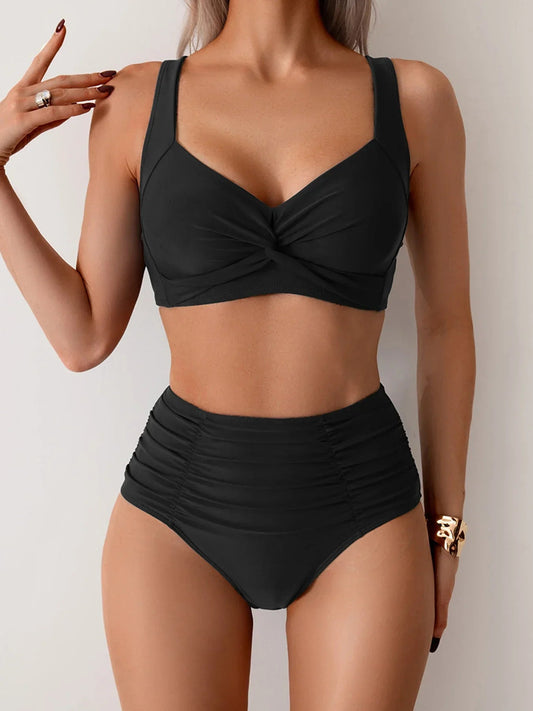 Mathilde Twist Front Top Ruched High Waist Two Piece Bikini Set - Black