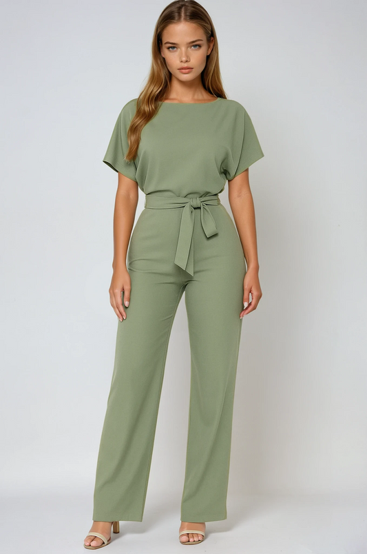Larissa Short Sleeve Tie Waist Wide Leg Everyday Jumpsuit - Light Green