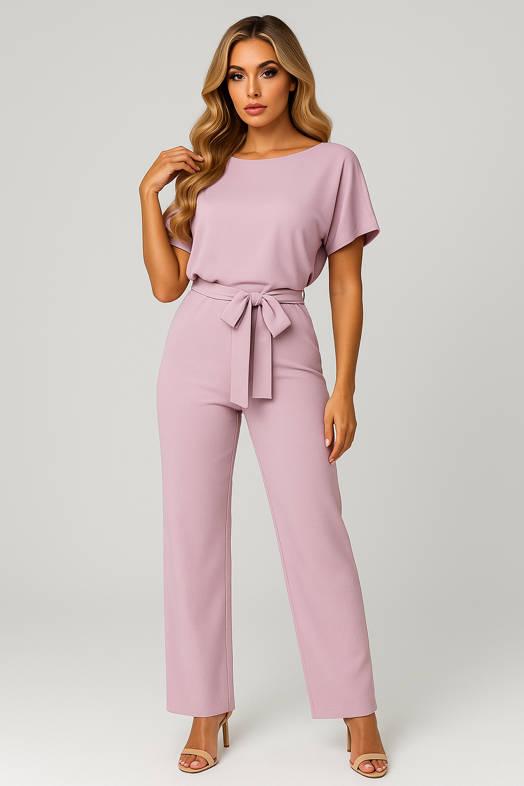 Larissa Short Sleeve Tie Waist Wide Leg Everyday Jumpsuit - Pink