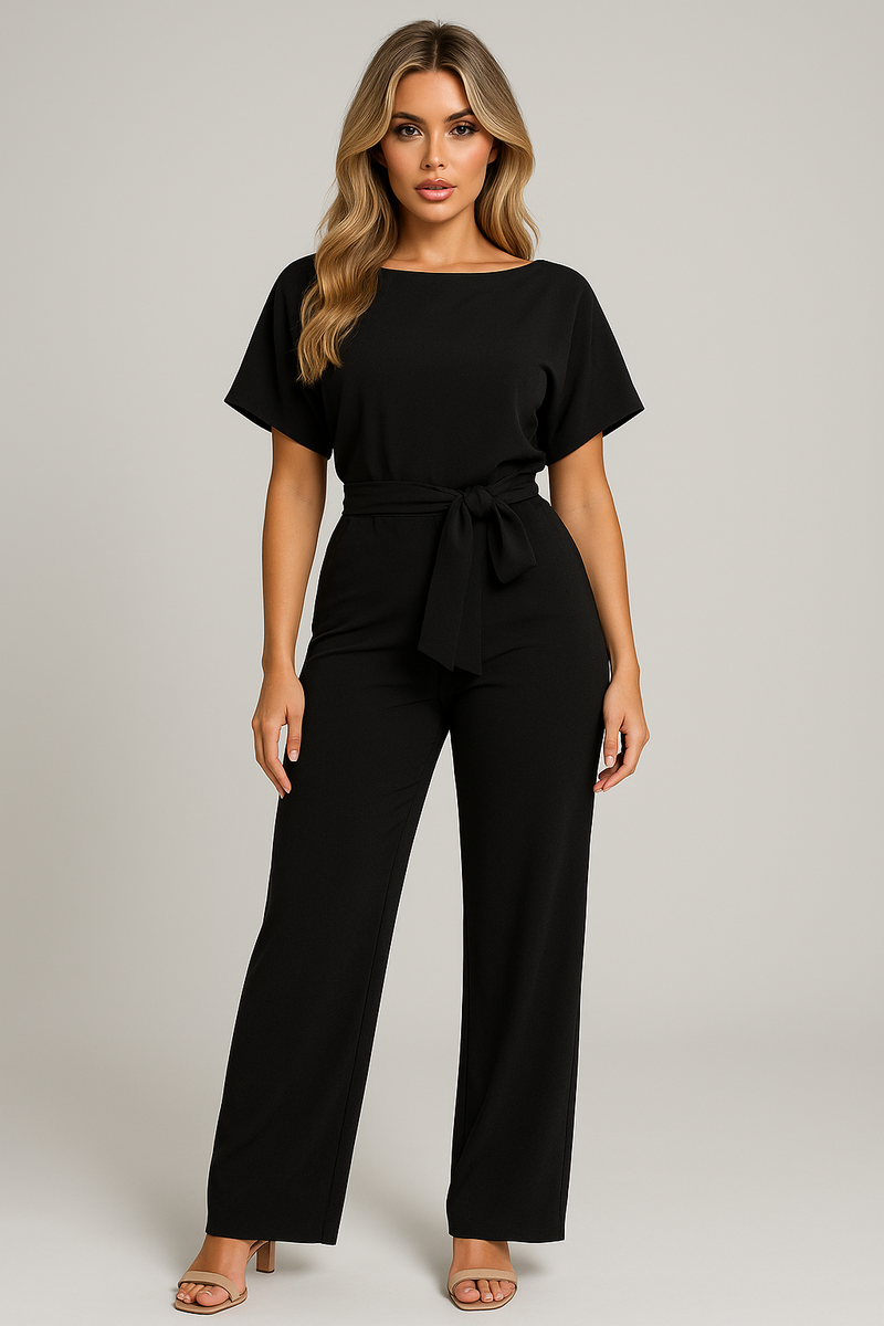 Larissa Short Sleeve Tie Waist Wide Leg Everyday Jumpsuit