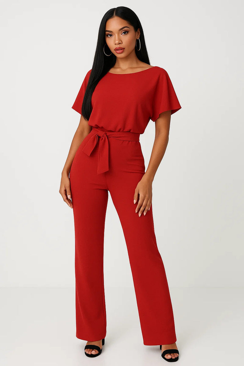 Larissa Short Sleeve Tie Waist Wide Leg Everyday Jumpsuit