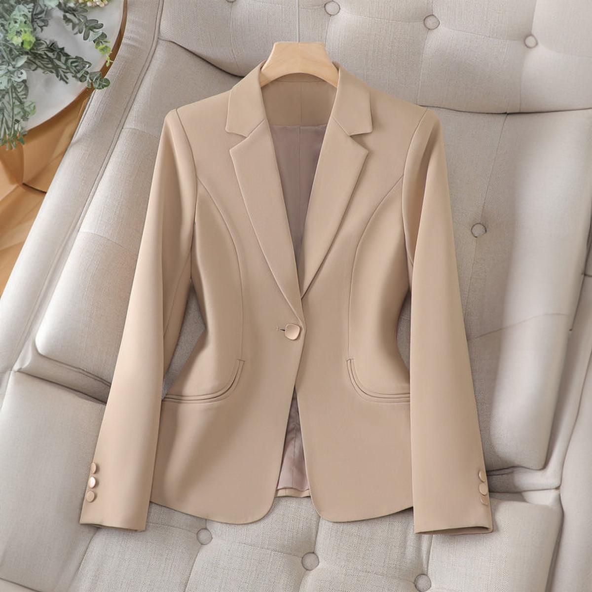 Delia Single Button Textured Weave Tailored Blazer Jacket - Beige