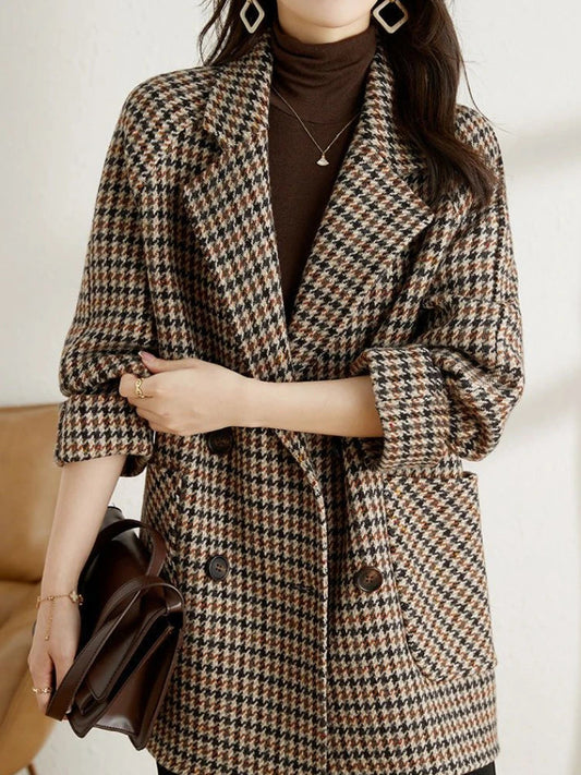 Wren Houndstooth Check Oversized Double Breasted Blazer - Gray Plaid