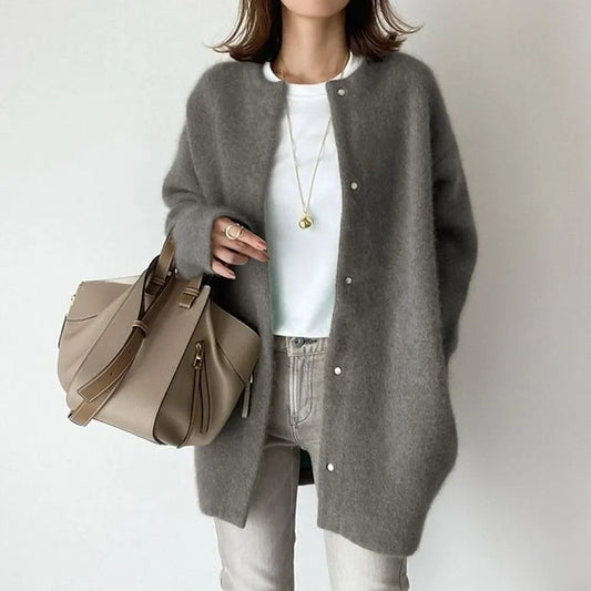 Marguerite Pearl Stud Oversized Round Neck Open Knit Cardigan