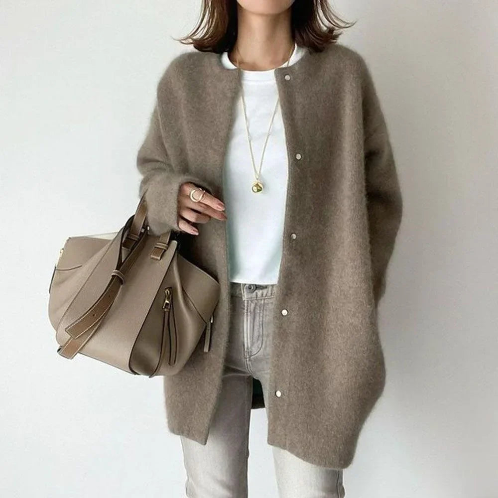 Marguerite Pearl Stud Oversized Round Neck Open Knit Cardigan