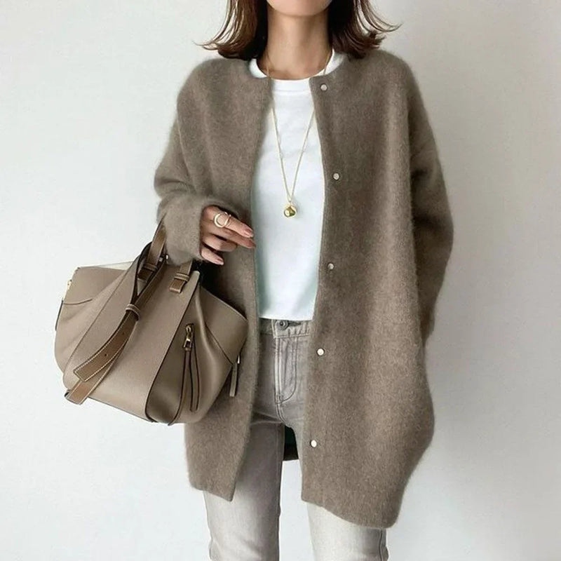 Marguerite Pearl Stud Oversized Round Neck Open Knit Cardigan