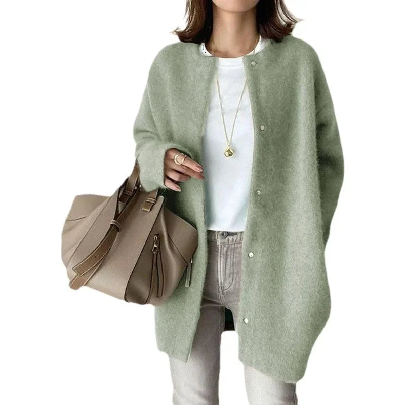 Marguerite Pearl Stud Oversized Round Neck Open Knit Cardigan - Light Green