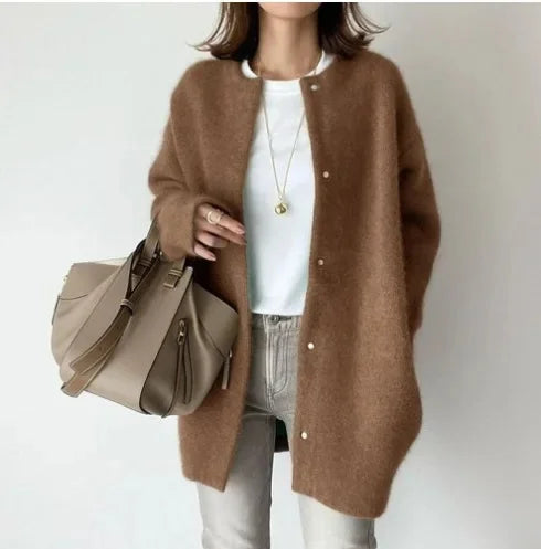 Marguerite Pearl Stud Oversized Round Neck Open Knit Cardigan
