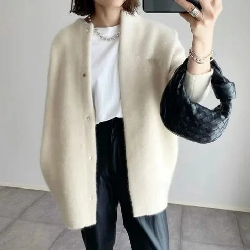 Marguerite Pearl Stud Oversized Round Neck Open Knit Cardigan