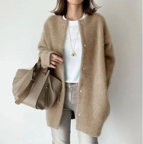 Marguerite Pearl Stud Oversized Round Neck Open Knit Cardigan - Beige